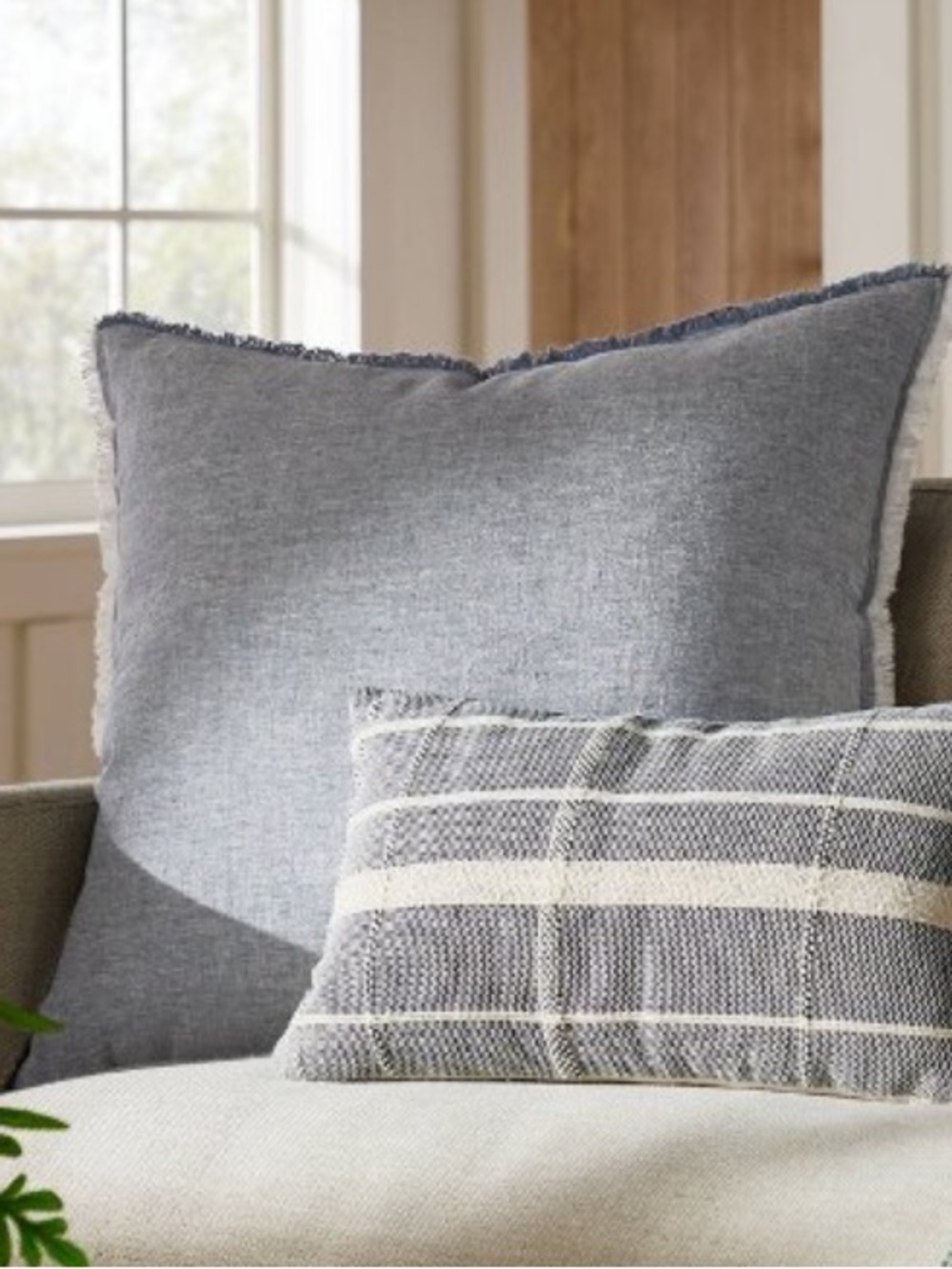 NEW Threshold Studio McGee 24” Oversized Linen Square Frayed Edges Blue Pillow